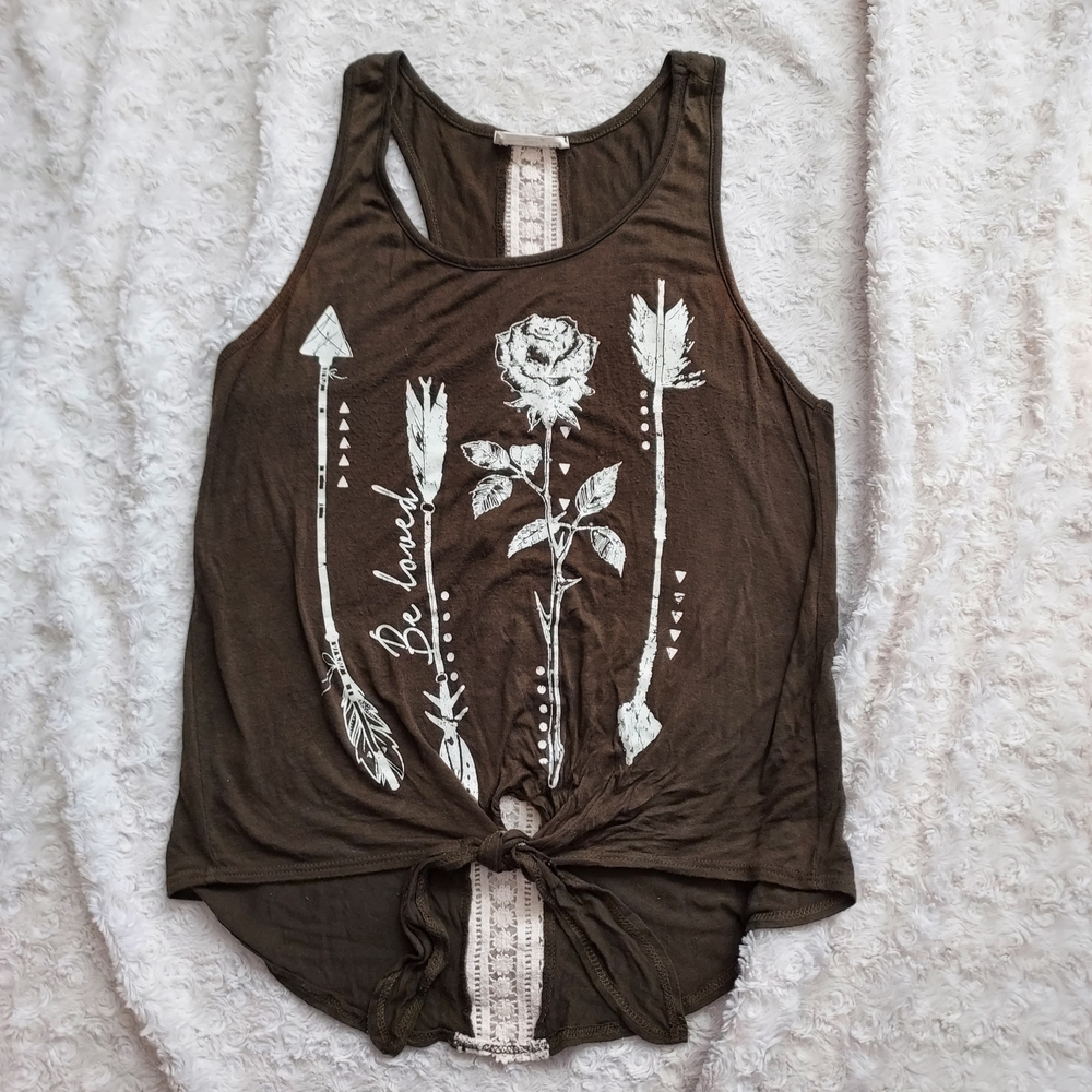 Olive Green Crochet Arrows & Roses Graphic Tie Front Tank Top Med Hippie Boho